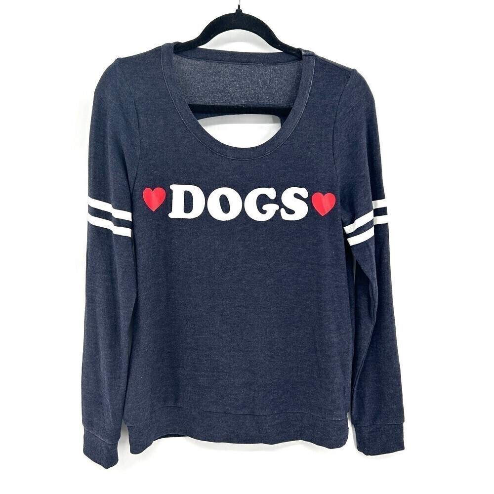 NWT CHASER Heart Dogs Blue White Red Open Back Crewneck Sweatshirt Size Medium